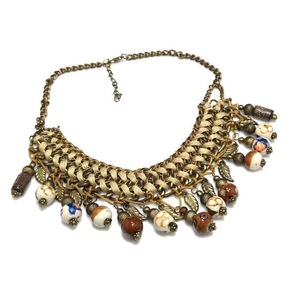 Bohemian Statement Necklace Woven Gold Tone with Earth Tone Ceramic Beads - Picture 3 of 8